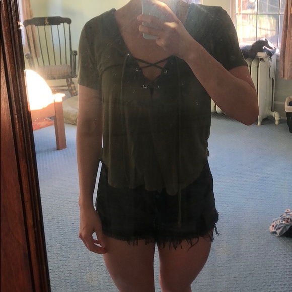 F21 green lace up top, size medium - Picture 2 of 5